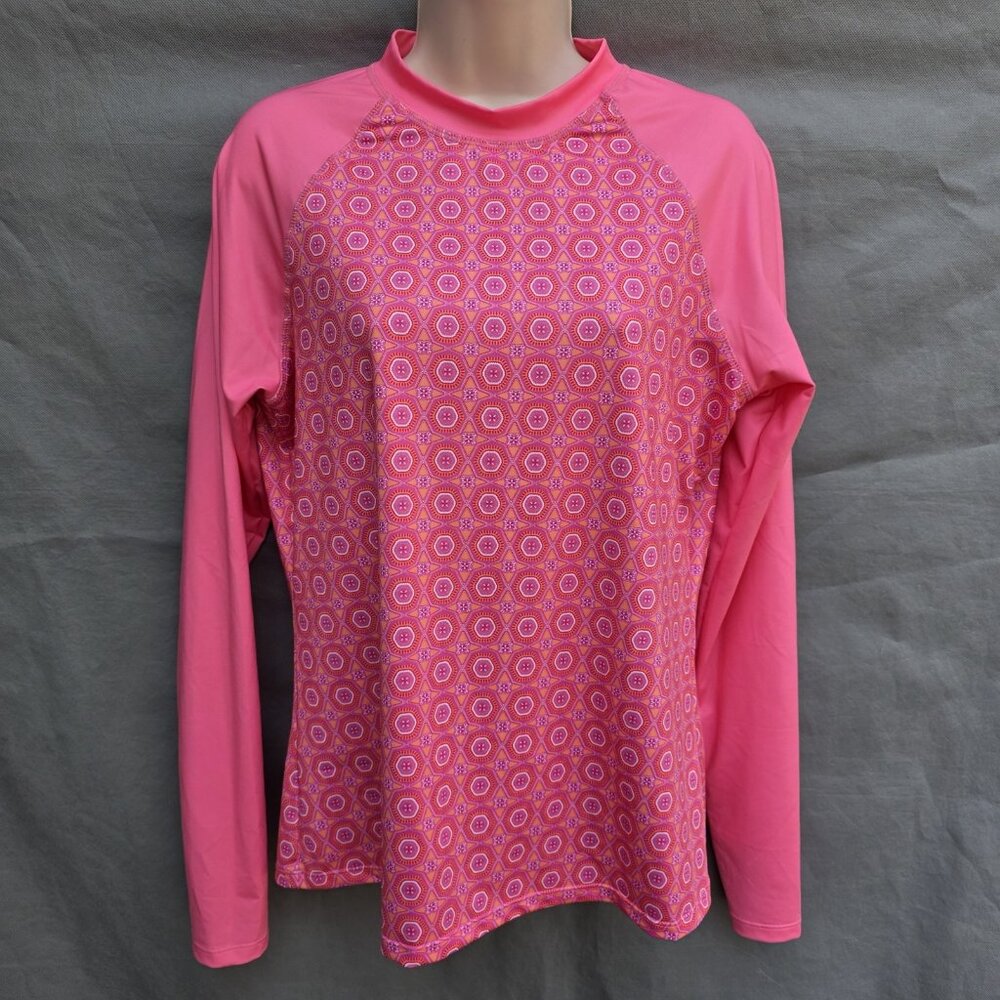 Cabana Life Size Large Pink Rash Guard Top Long Sleeve Swim Cover UPF Geometric